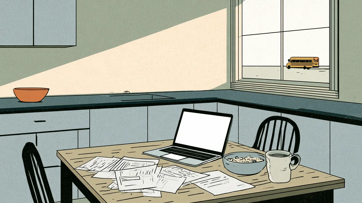 An empty kitchen in morning light, a laptop open on a dining table crowded with unopened mail, a cereal bowl and a half-finished coffee, with a school bus pulling away outside the window