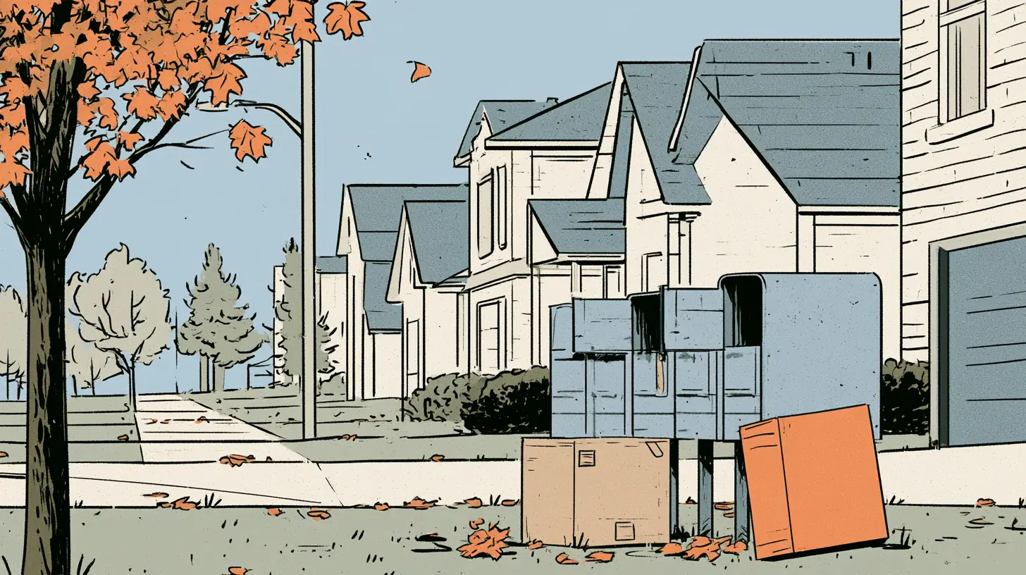 A cluster of community mailboxes on an autumn residential street, with two parcels too large for the boxes left leaning against the post