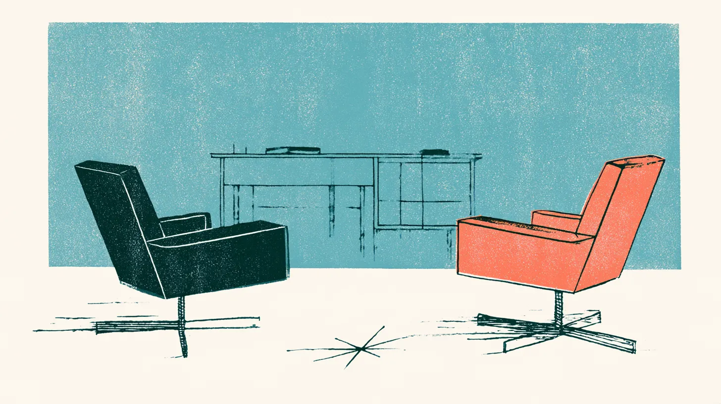 A two-colour print of a dark green armchair and a coral armchair turned toward each other, with a desk faded into the teal wall behind them and a small compass mark on the floor between
